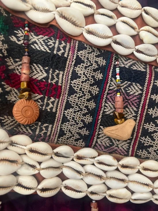 One of a kind. Patchwork Embellished Multicolor Bomber Jacket with Shell Accents - Picture 4 of 16